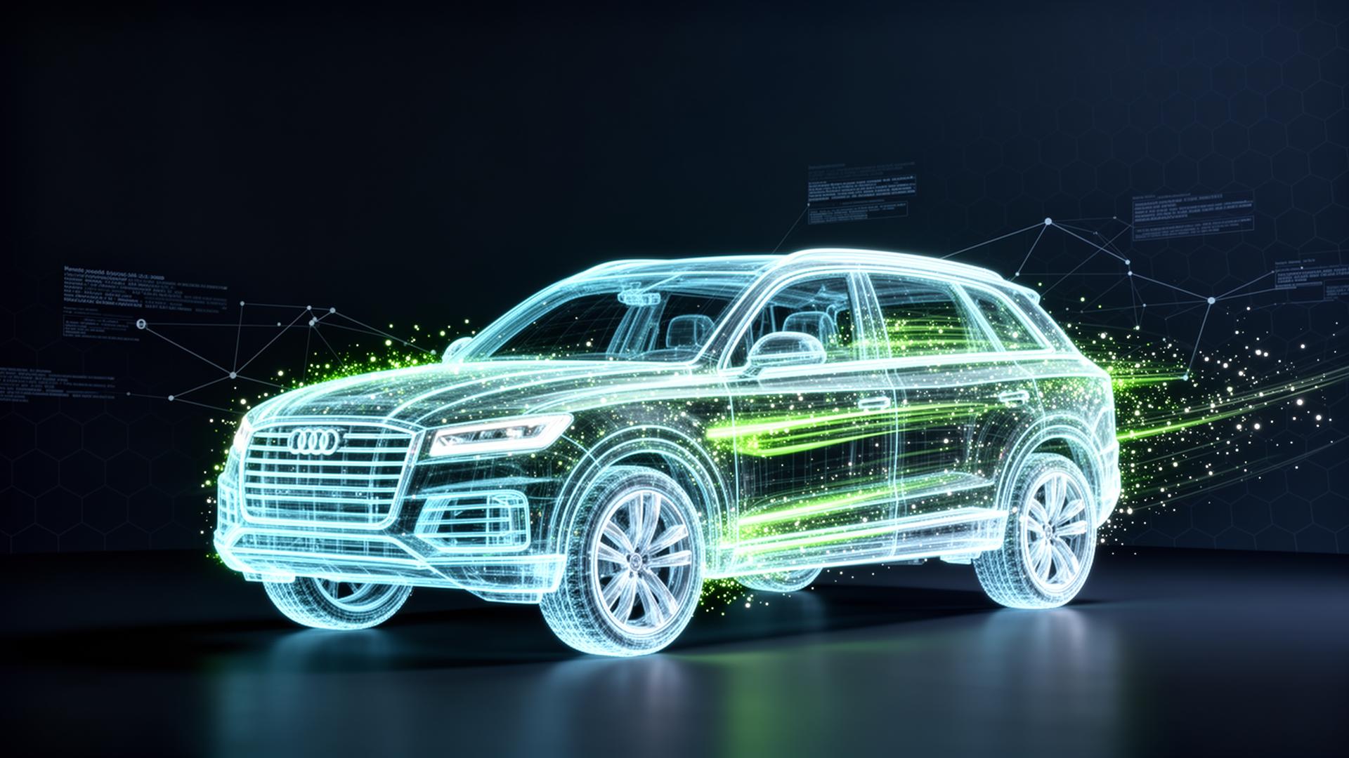 Holographic wireframe SUV digital twin visualization